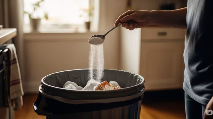 Bicarbonato de sodio siendo espolvoreado en el fondo de un bote de basura para neutralizar olores. Bicarbonato de sodio siendo espolvoreado en el fondo de un bote de basura para neutralizar olores.