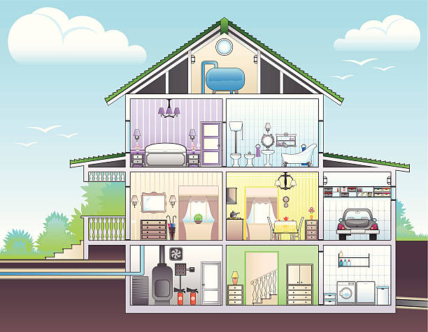Ilustración conceptual de una casa con pasillos largos y profundos, representando el subconsciente.