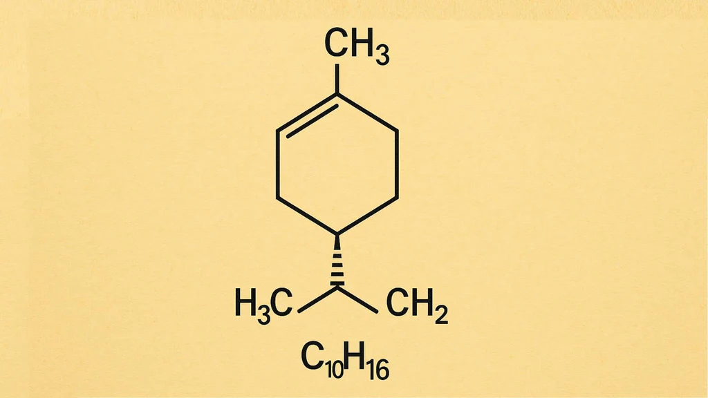 Ilustración de la estructura química del D-limoneno presente en los cítricos y usado en odontología.