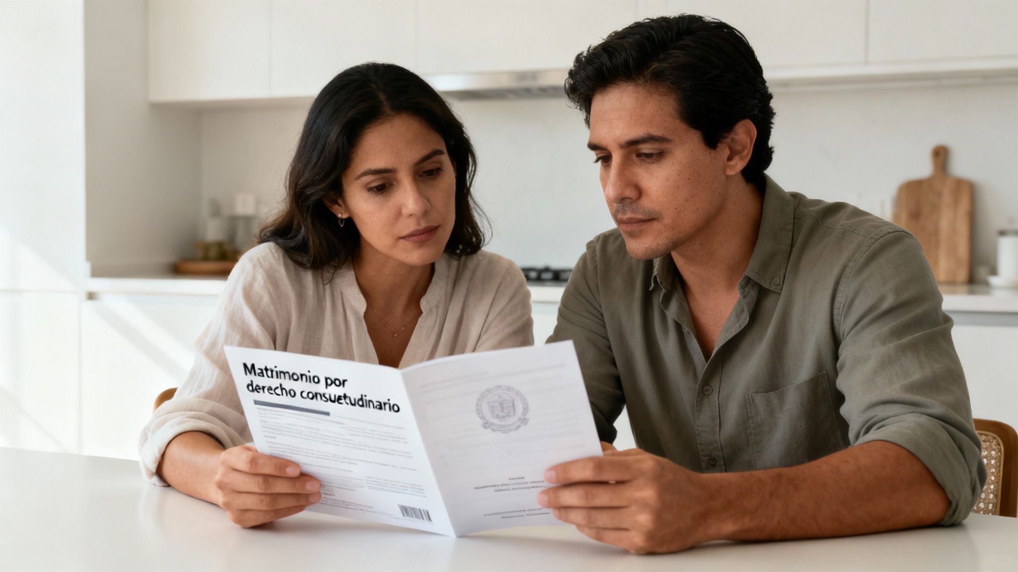 Pareja revisando documentos legales, representando dudas sobre la herencia y el régimen matrimonial.