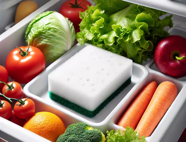 Paso a paso de cómo colocar la esponja en la esquina del cajón de verduras.