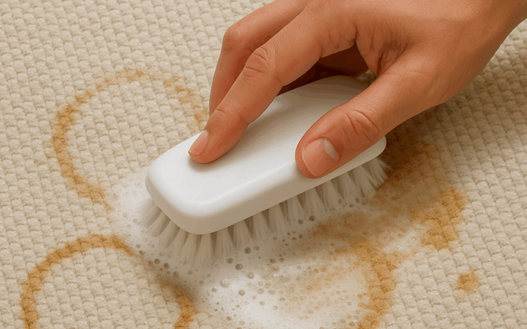 Persona aplicando espuma de afeitar blanca sobre una mancha oscura de café en una alfombra beige.