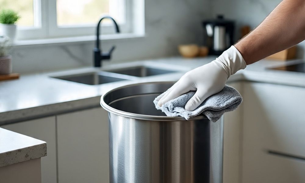 Persona colocando una bolsa nueva en un bote de basura de acero inoxidable limpio en una cocina.