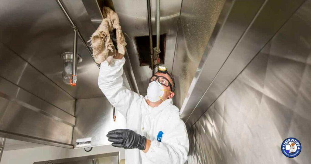 Filtros metálicos de una campana de cocina sumergidos en agua caliente para desengrasarlos.