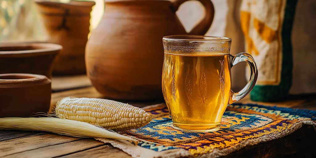 Taza de té de barbas de choclo caliente junto a una mazorca de maíz fresco, destacando sus beneficios para los riñones.