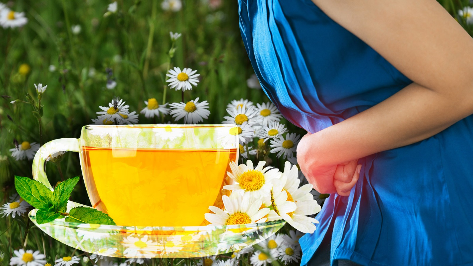 Taza de té de manzanilla y bolsa de agua caliente, remedios naturales para los cólicos menstruales.