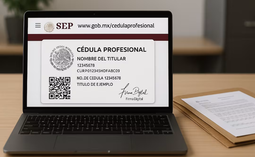 Una persona tramitando su cédula profesional electrónica en una laptop, mostrando el portal de la SEP.