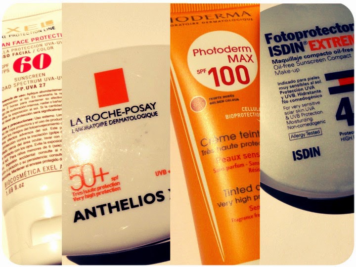 Comparativa de texturas de protectores solares de diferentes marcas aplicadas en el dorso de una mano mostrando acabados diferentes