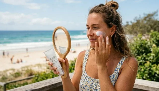 Dermatóloga mexicana aplicando bloqueador solar en el antebrazo de una paciente durante consulta médica en consultorio