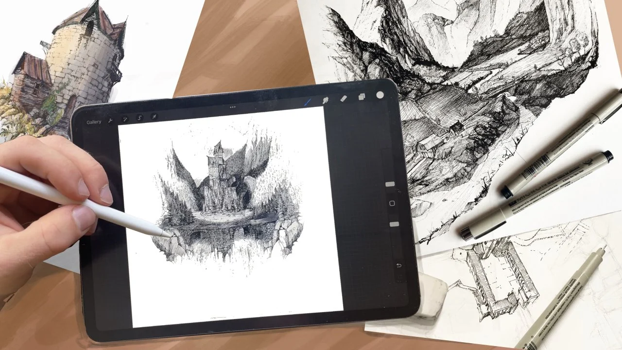 Pantalla del iPhone mostrando la herramienta Image Wand convirtiendo un boceto a mano alzada en una ilustración estilo acuarela