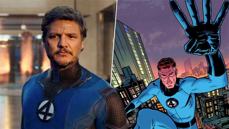 Pedro Pascal caracterizado como Reed Richards : Mister Fantástico estirando su brazo en una escena de la película de Los 4 Fantásticos de Marvel