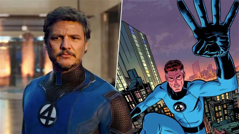 Pedro Pascal caracterizado como Reed Richards : Mister Fantástico estirando su brazo en una escena de la película de Los 4 Fantásticos de Marvel