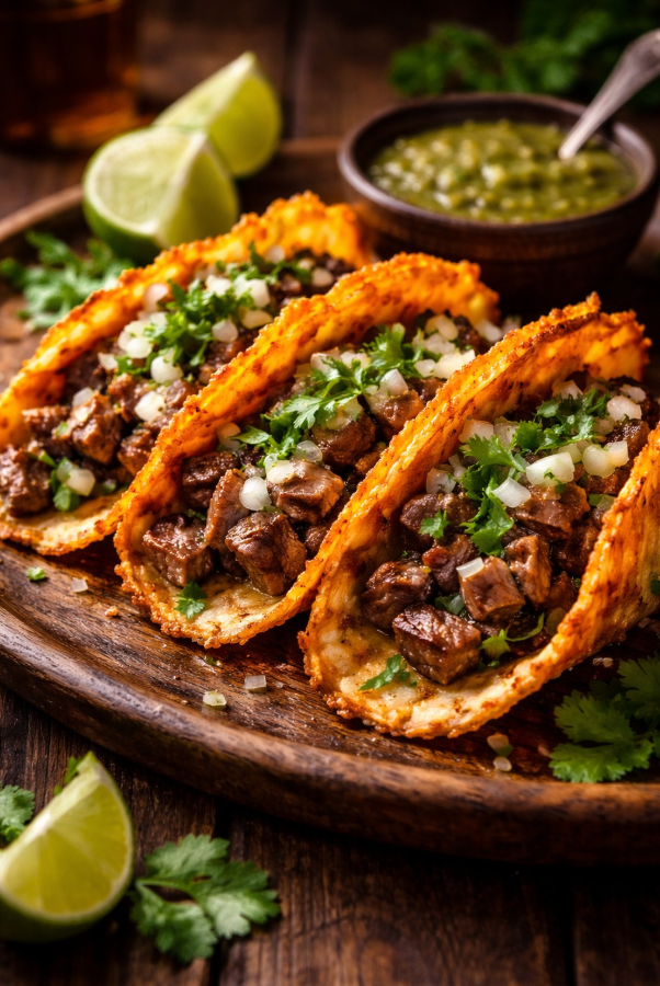 Tacos de costra de queso con arrachera