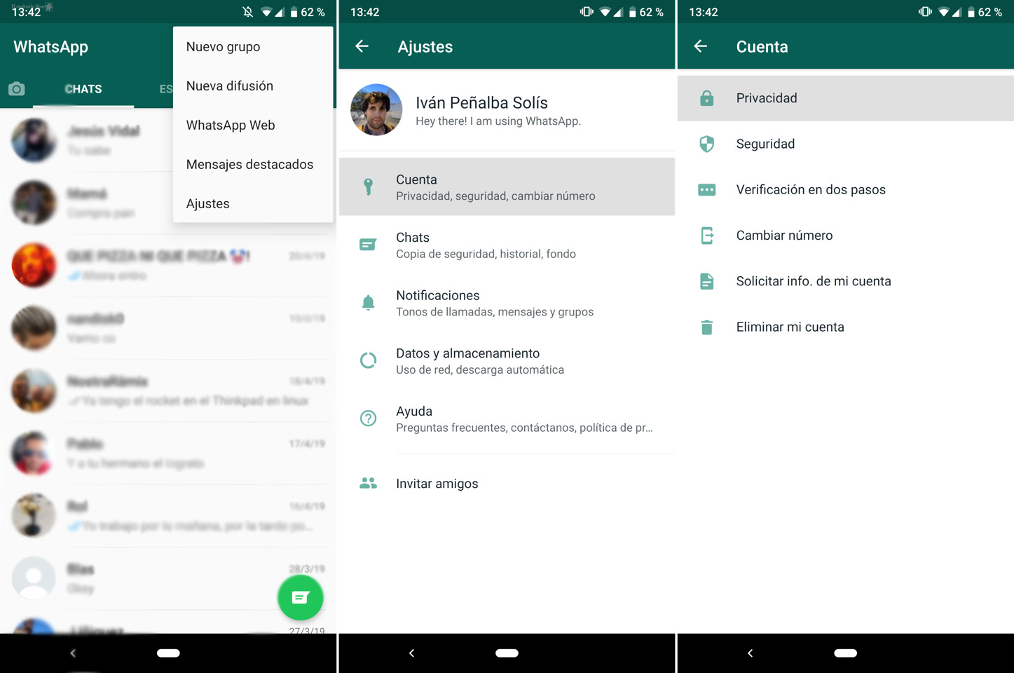 Detalle de la pantalla de ajustes de privacidad de WhatsApp en un teléfono inteligente