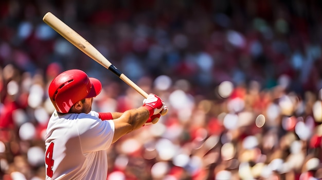 Bateador profesional conectando un cuadrangular en un estadio de béisbol lleno de aficionados